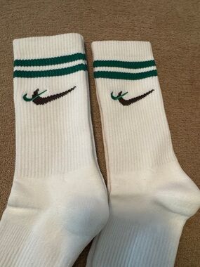 White Unisex Crew Sock with Green Stripes and Embroidered Logo
